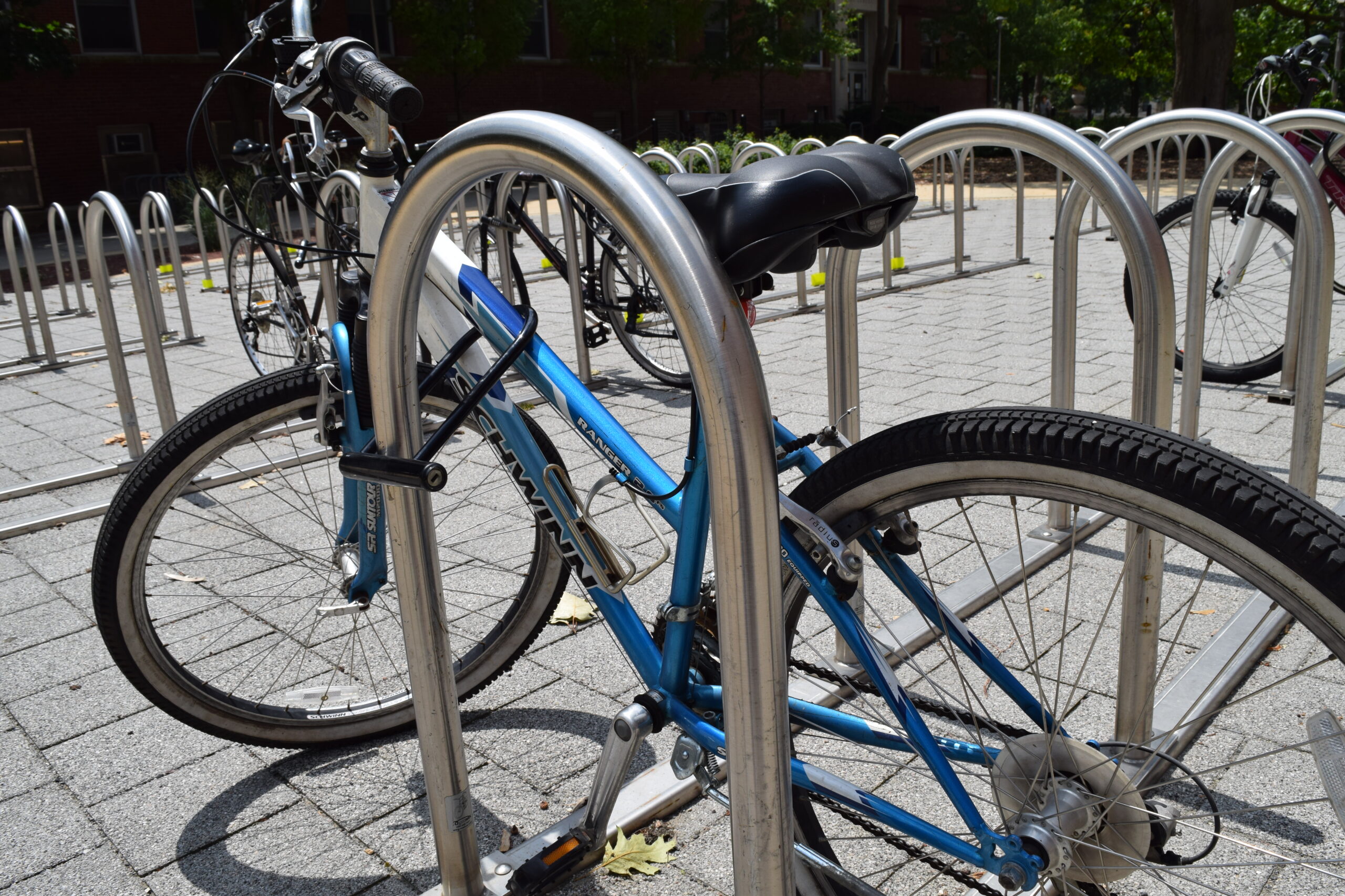 A blue bicycle leaning against a metal bicycle rack locked with a U-lock.