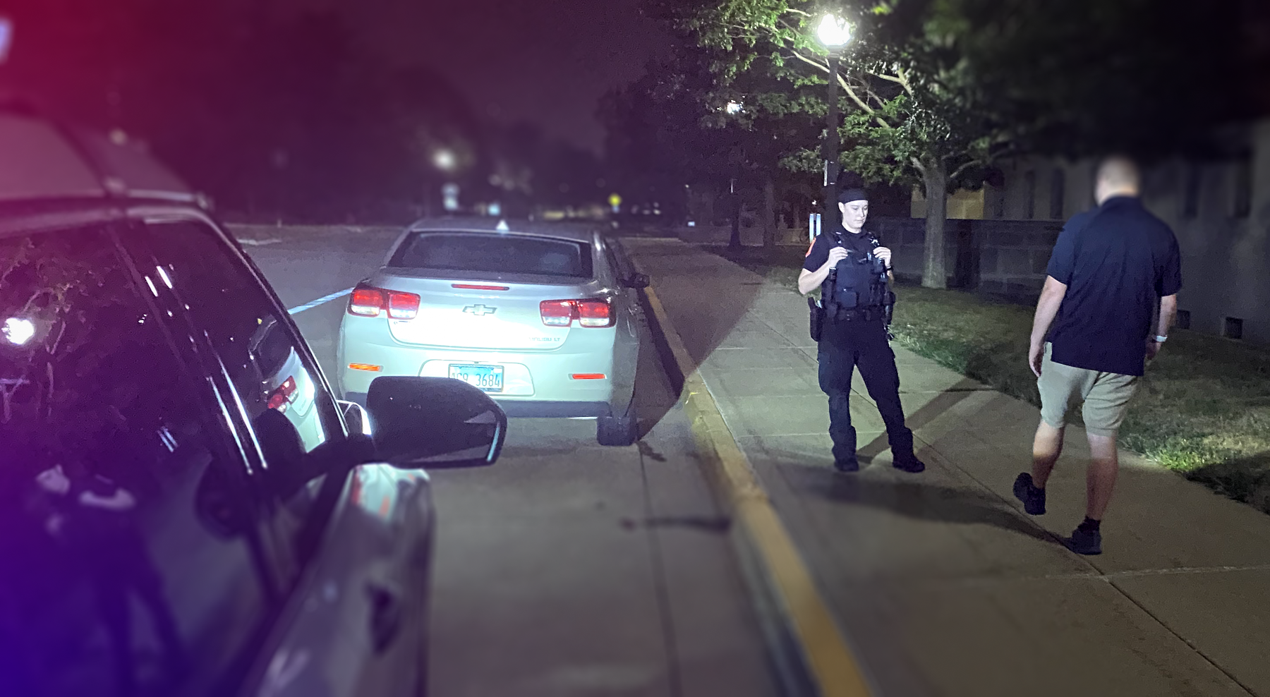 Two officers stand beside a person, whom we see from behind, attempting to walk a straight line. A police vehicle with red and blue lights is shown at the edge of the image.