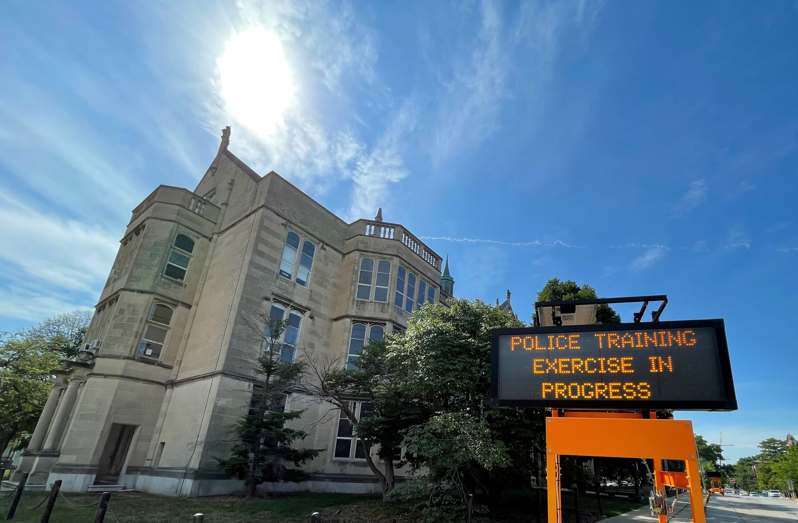Digital sign outside of University Laboratory High School reads “police training exercise in progress.”