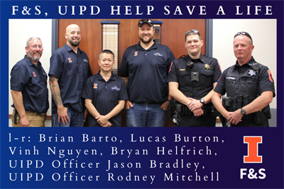 F&S and UIPD employees involved in life-saving action pose for a photo.