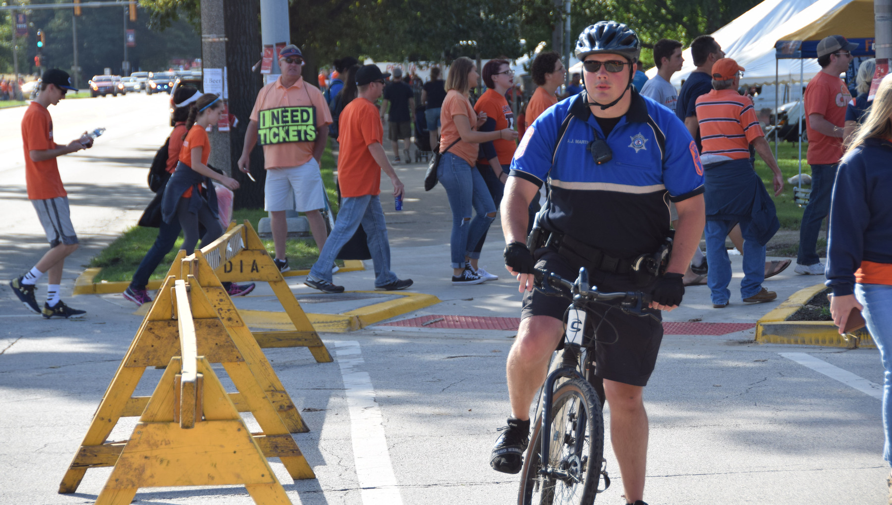 Officer A.J. Martin on bike patrol during a Fighting Illini football game on Sept. 10, 2016.