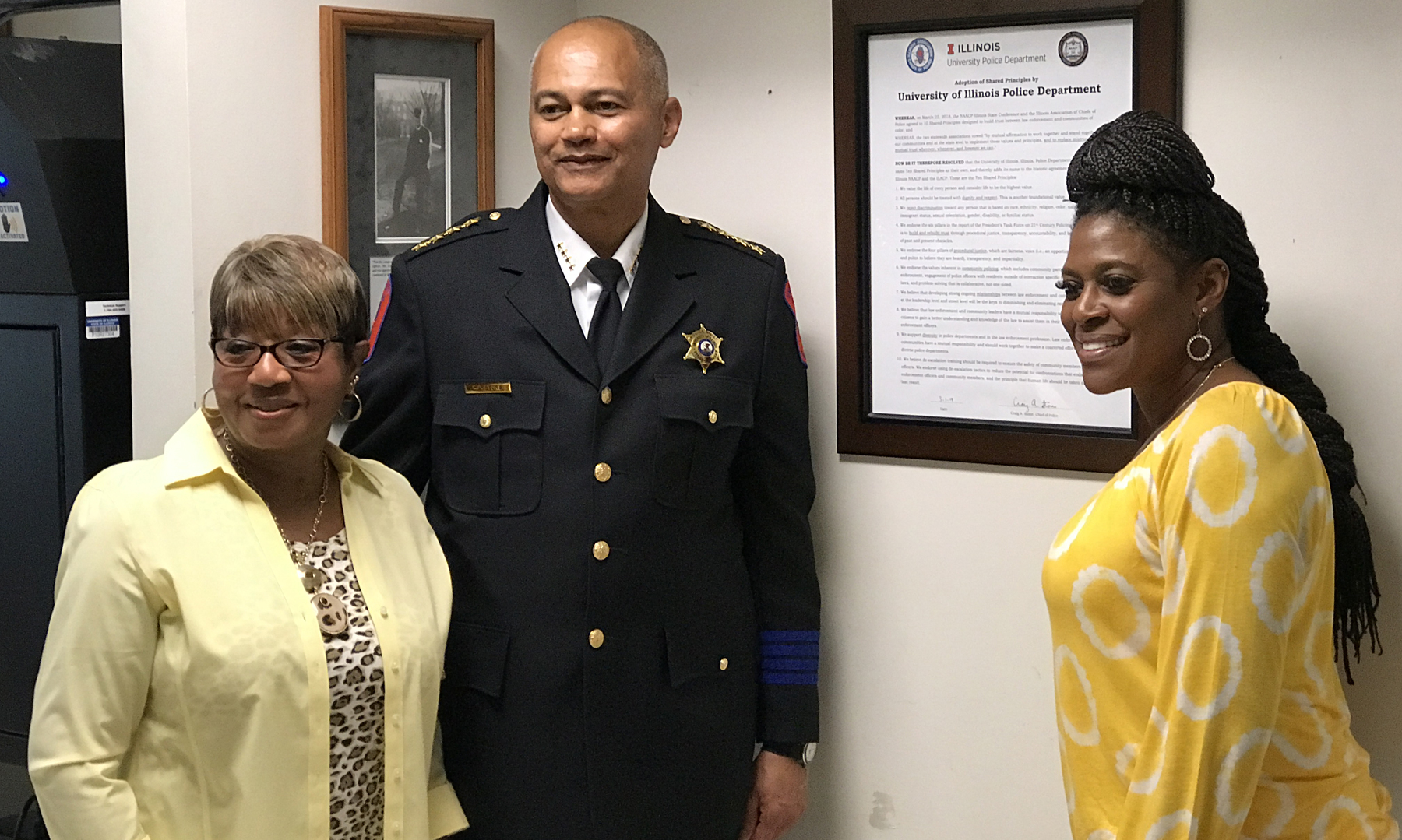 From left to right, NAACP Champaign County President Minnie Pearson, U. of I. Police Chief Craig Stone and state NAACP President Teresa Haley