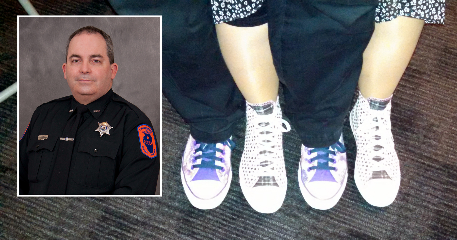 Officer Chris Hawk and his wife show off their footwear at the University of Illinois Police Department annual awards ceremony in 2015.