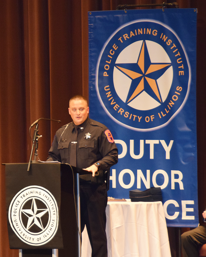 U. of I. Police Officer Peter Milinkovic was selected by the other recruits as the representative to speak during their basic law enforcement class graduation ceremony on Sept. 15, 2016. Milinkovic also received the Ervin H. Warren Award for excellence in his class.