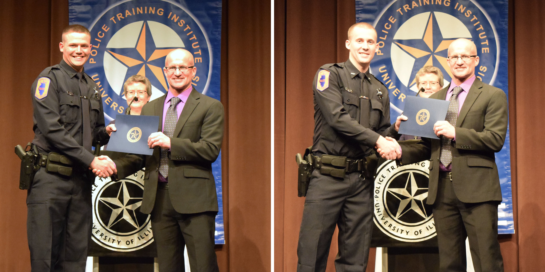 Officers Jacob Gibson and Daniel Leake graduating from the University of Illinois Police Training Institute.