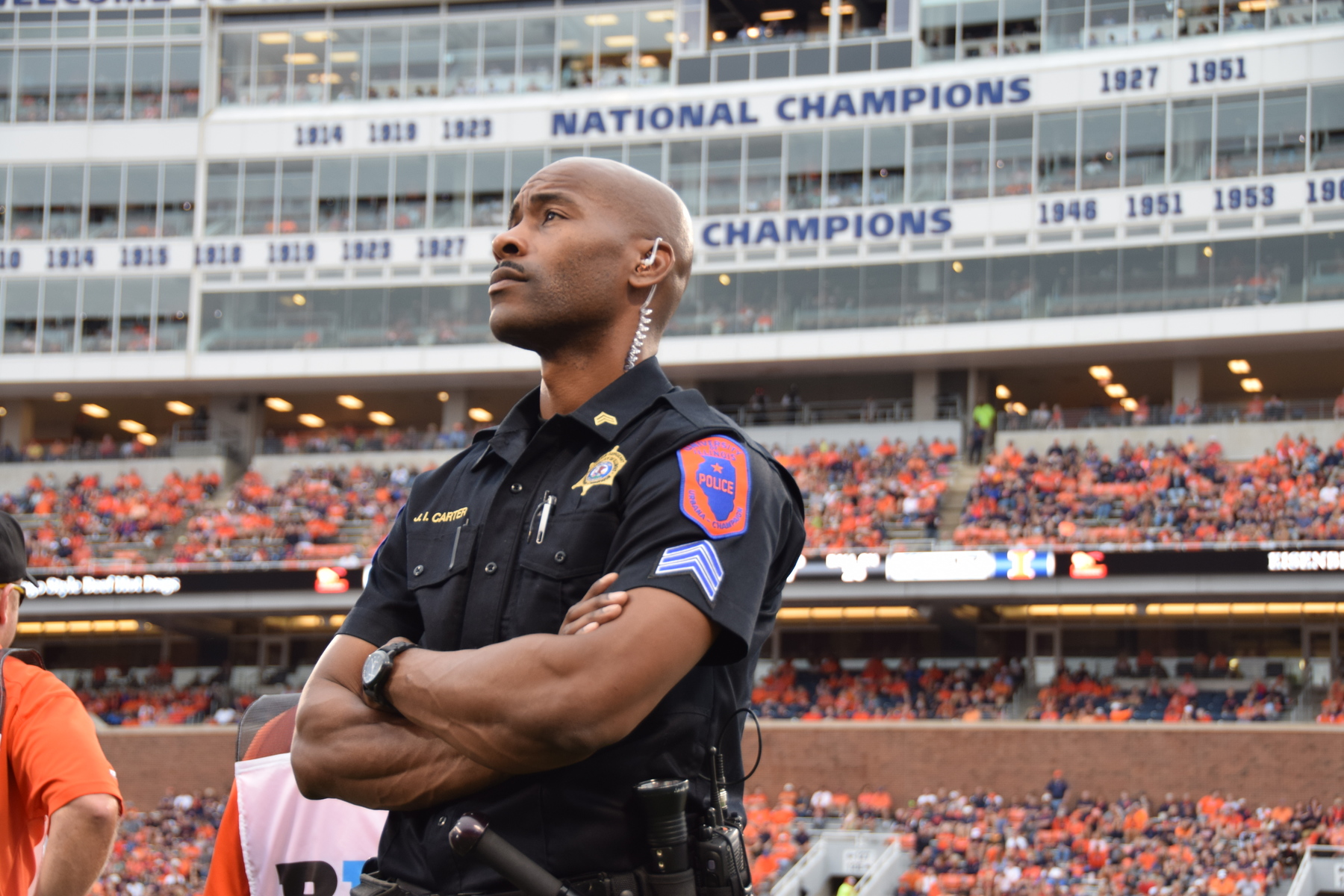 Sgt. James Carter stands watch at a Fighting Illini football game.