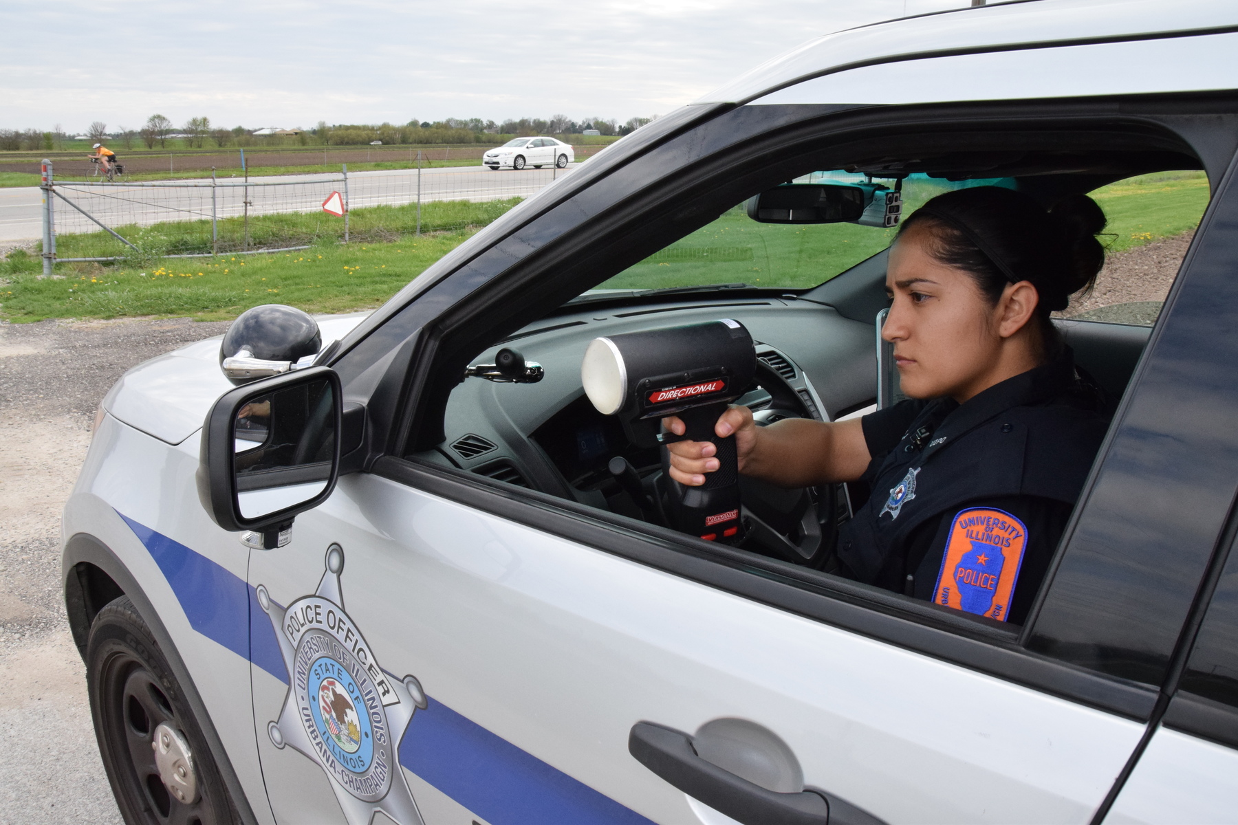 Officer Elma Halpin conducts speed enforcement on Windsor road in Urbana.