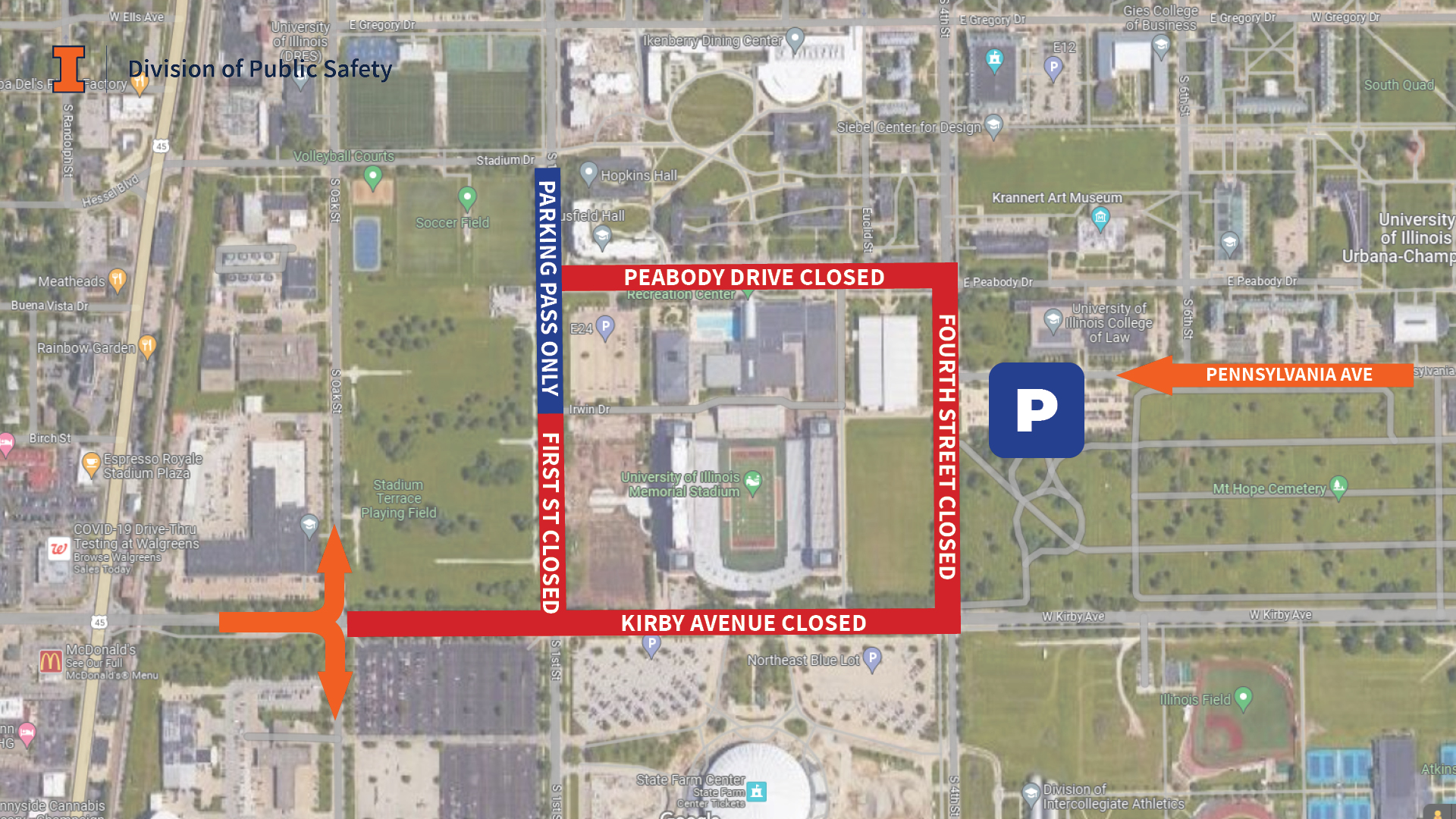 Map displaying street closures around Memorial Stadium. Sections of Peabody Drive, First Street, Fourth Street and Kirby Avenue are highlighted in red to delineate closures. Additionally, a parking option is highlighted at Fourth Street and Pennsylvania Avenue.