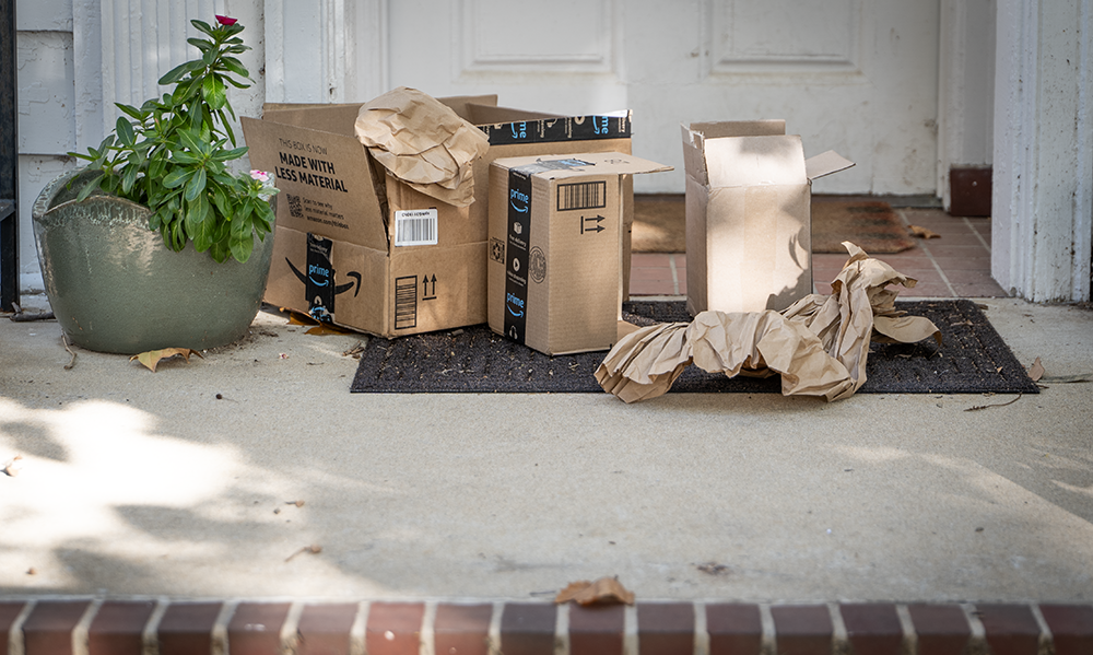 Open packages on a front doorstep